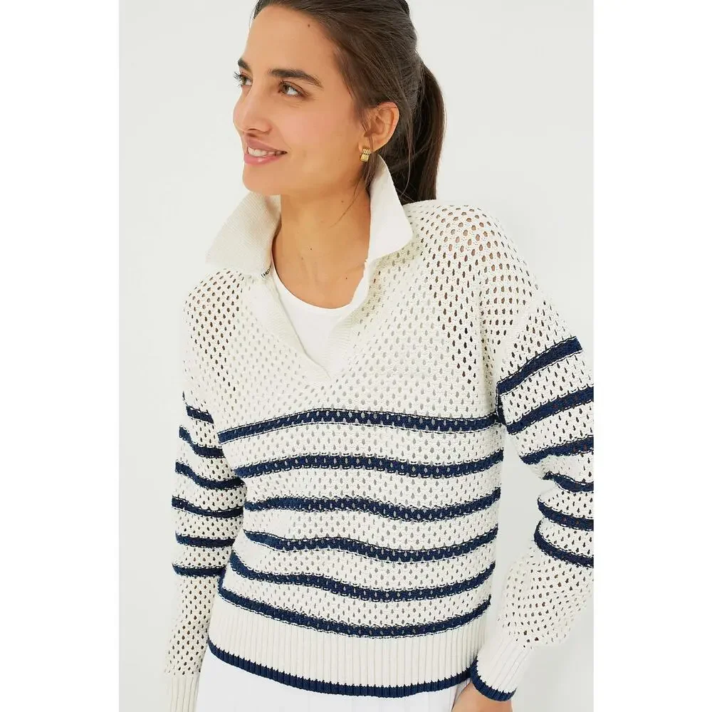 TNUCK SPORT White Stripe Mesh Fischer Sweater Size S NWT Retail $128 Tuckernuck - Picture 1 of 7